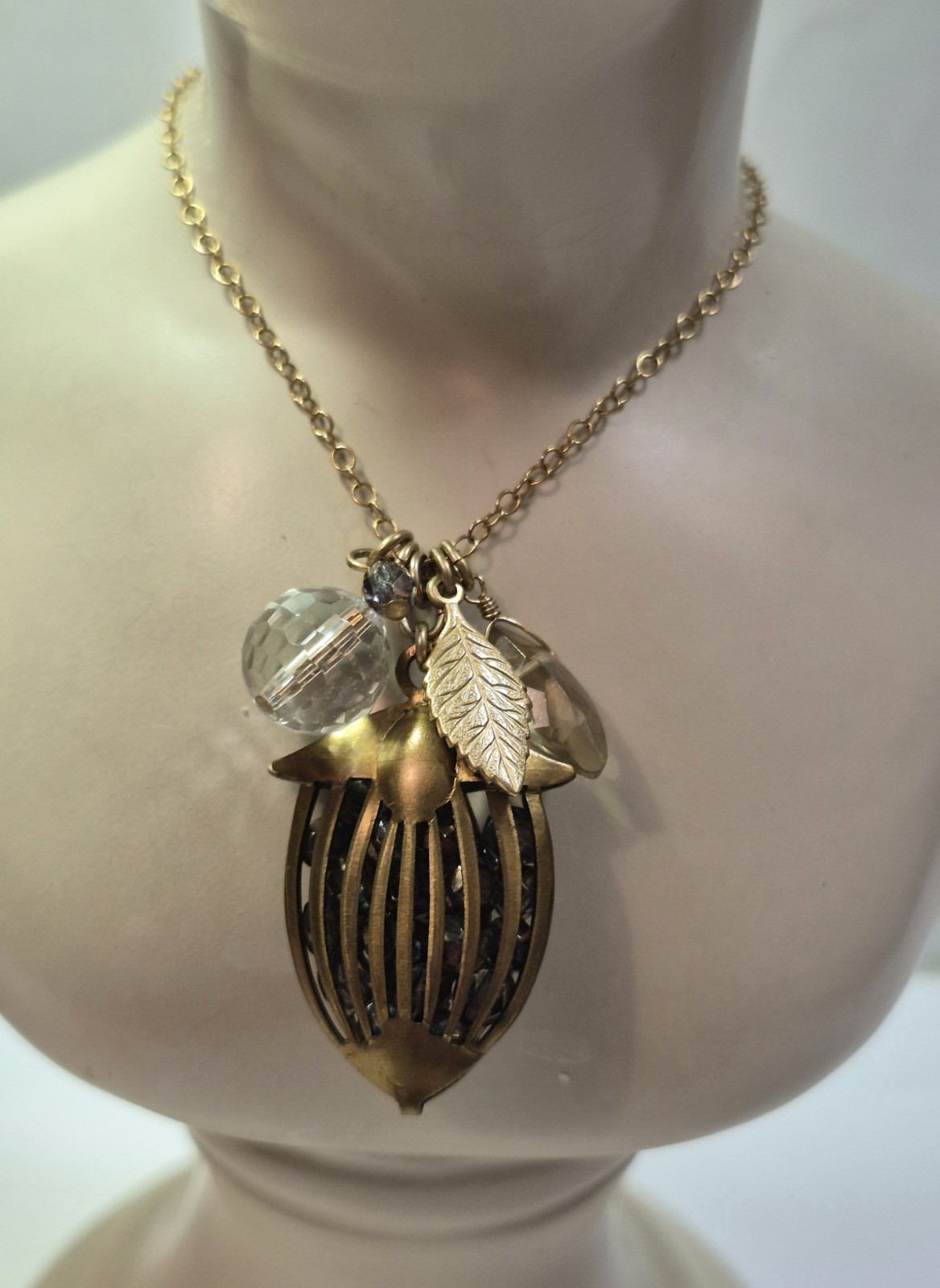 David Aubrey Pendant Necklace Glass Gold Tone Vintage Style Birdcage Dainty