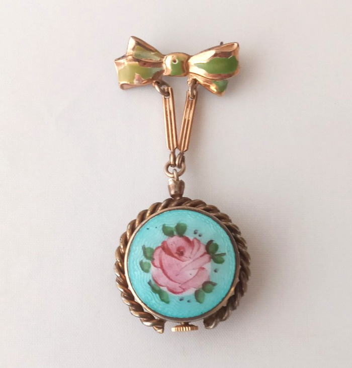 Vtg. CROTON Deco Enamel Guilloche Bow Pin Brooch Manual Swiss Watch