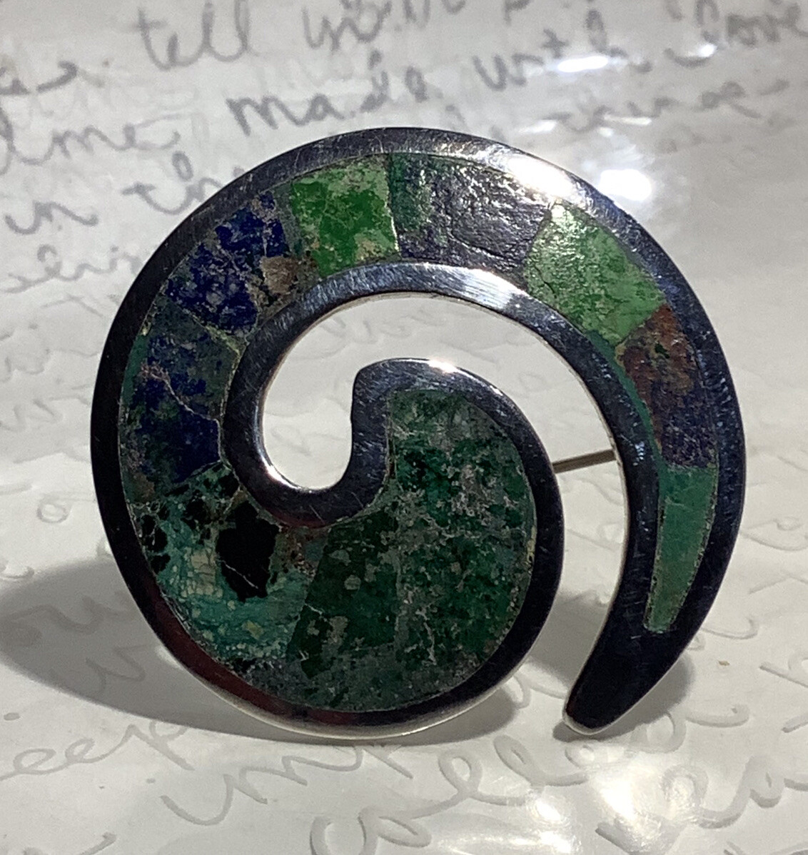 Modernist LOS CASTILLO Handmade 925 Ster Azurite Mosaic Aztec Swirl Brooch 10.5g