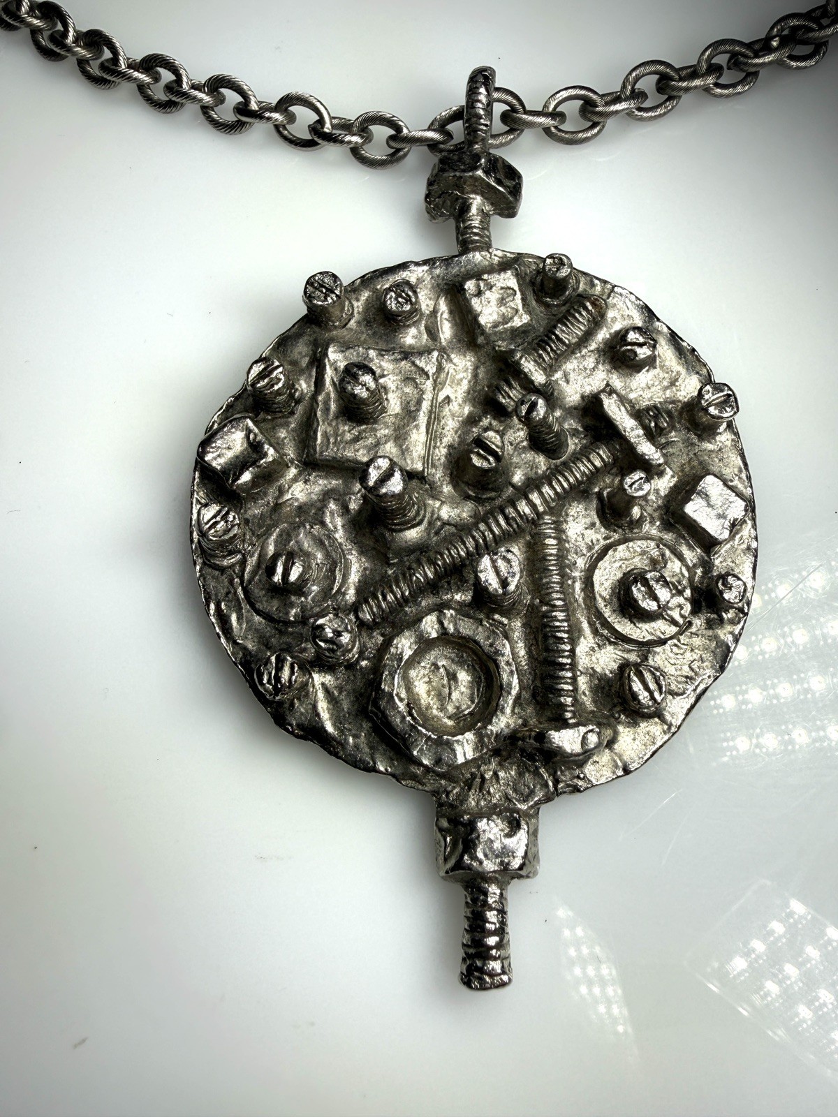 MCM Brutalist Vintage 60s Erwin Pearl Steampunk Bolts & Screws Pendant Necklace