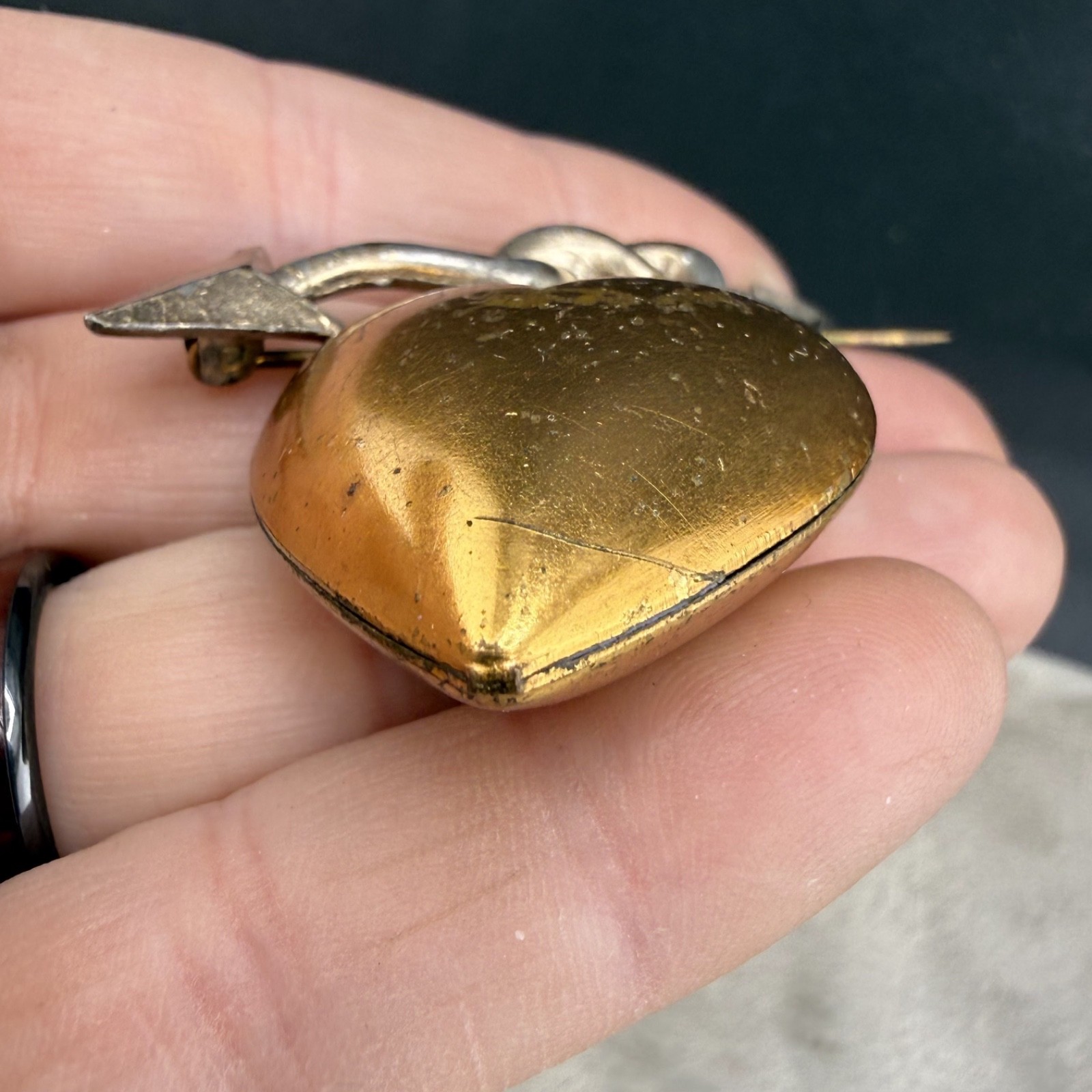 Vintage Brooch Lot of 2 Puff Heart Arrow Gold Tone