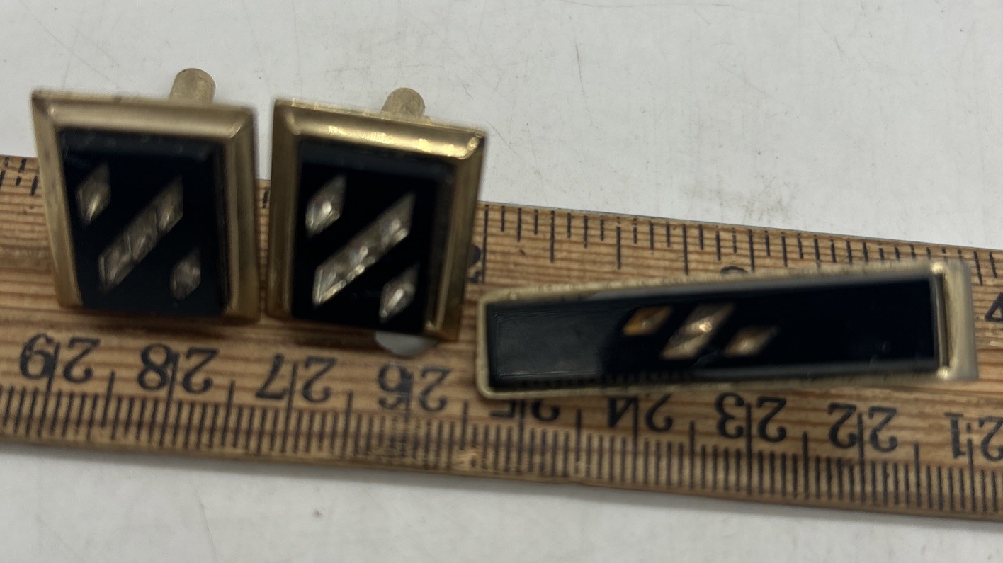 Black Glass Cuff Links & Tie Clip Diamond Accents Rectangle Bullet Shape Vintage