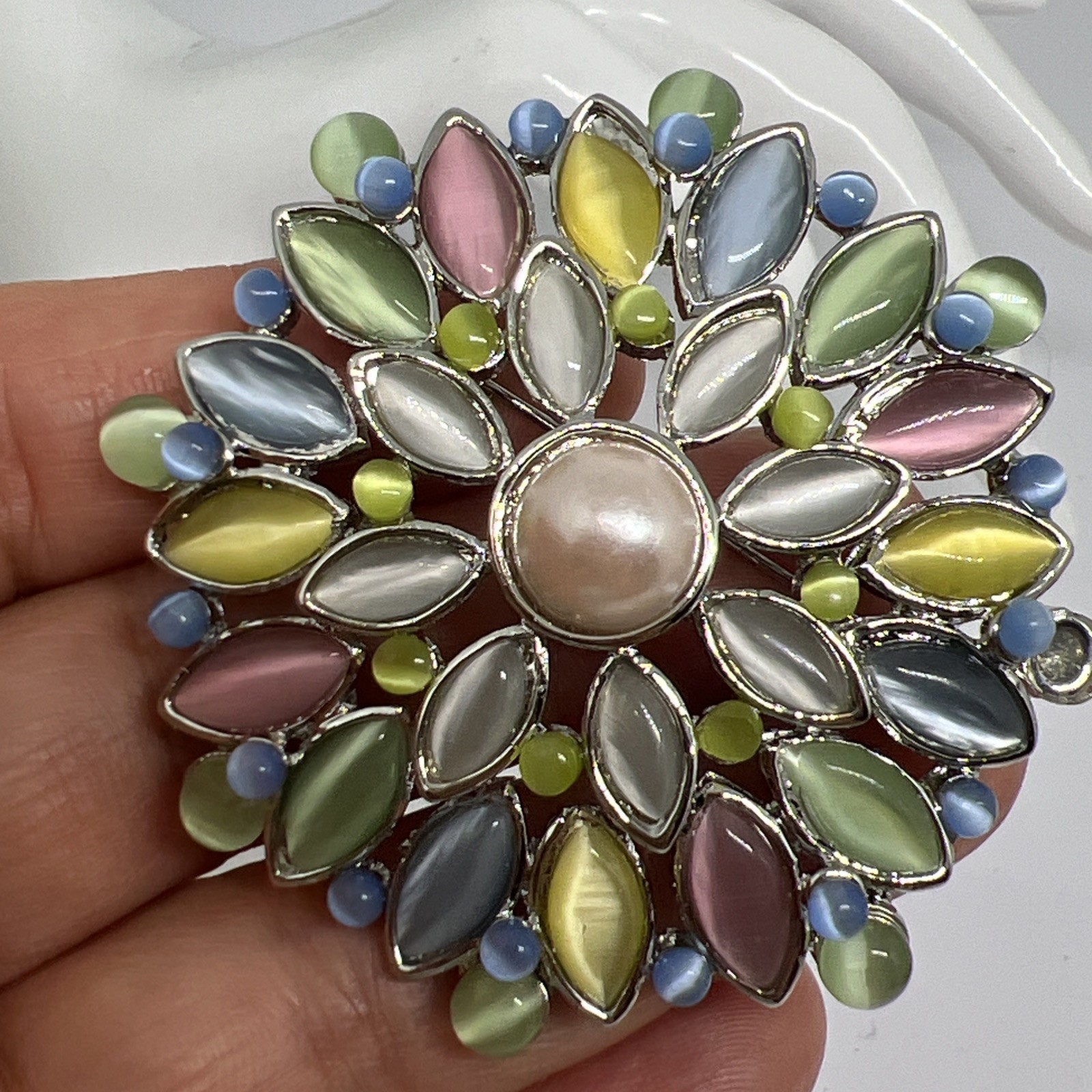 Pastel Multi-color Moonglow Lucite Faux Pearl Light Blue Rhinestone