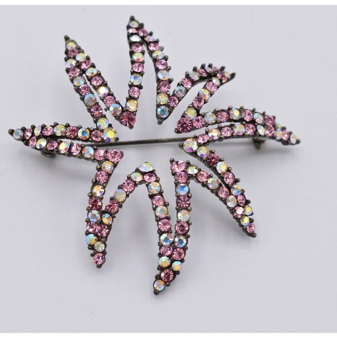 Givenchy Vintage Crystal Flower Star Pin Brooch AB Pink Gunmetal Signed 80s Bin8