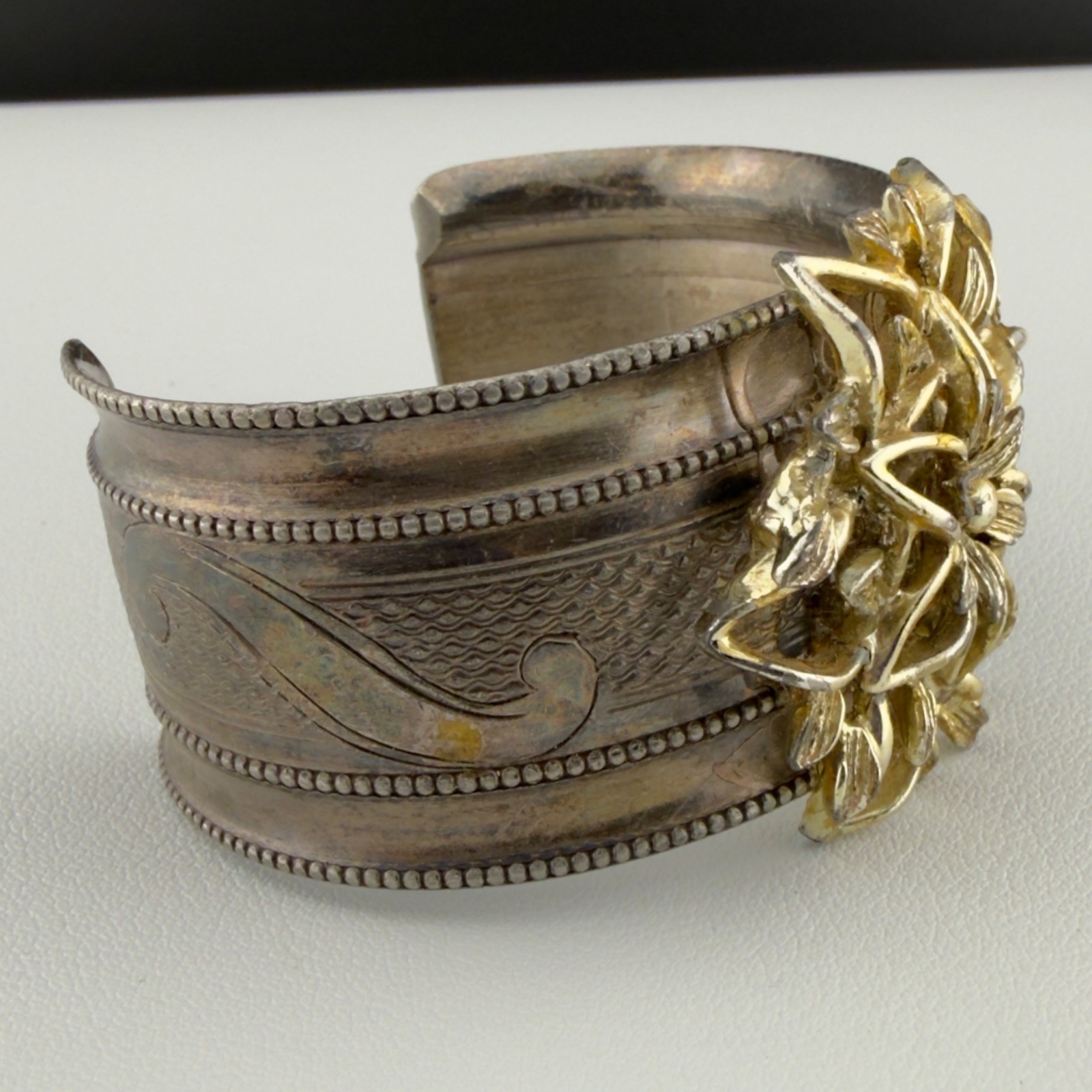 Vintage Cuff Statement Bracelet Aged Gold Tone Flower Silver Tone Patina Wide
