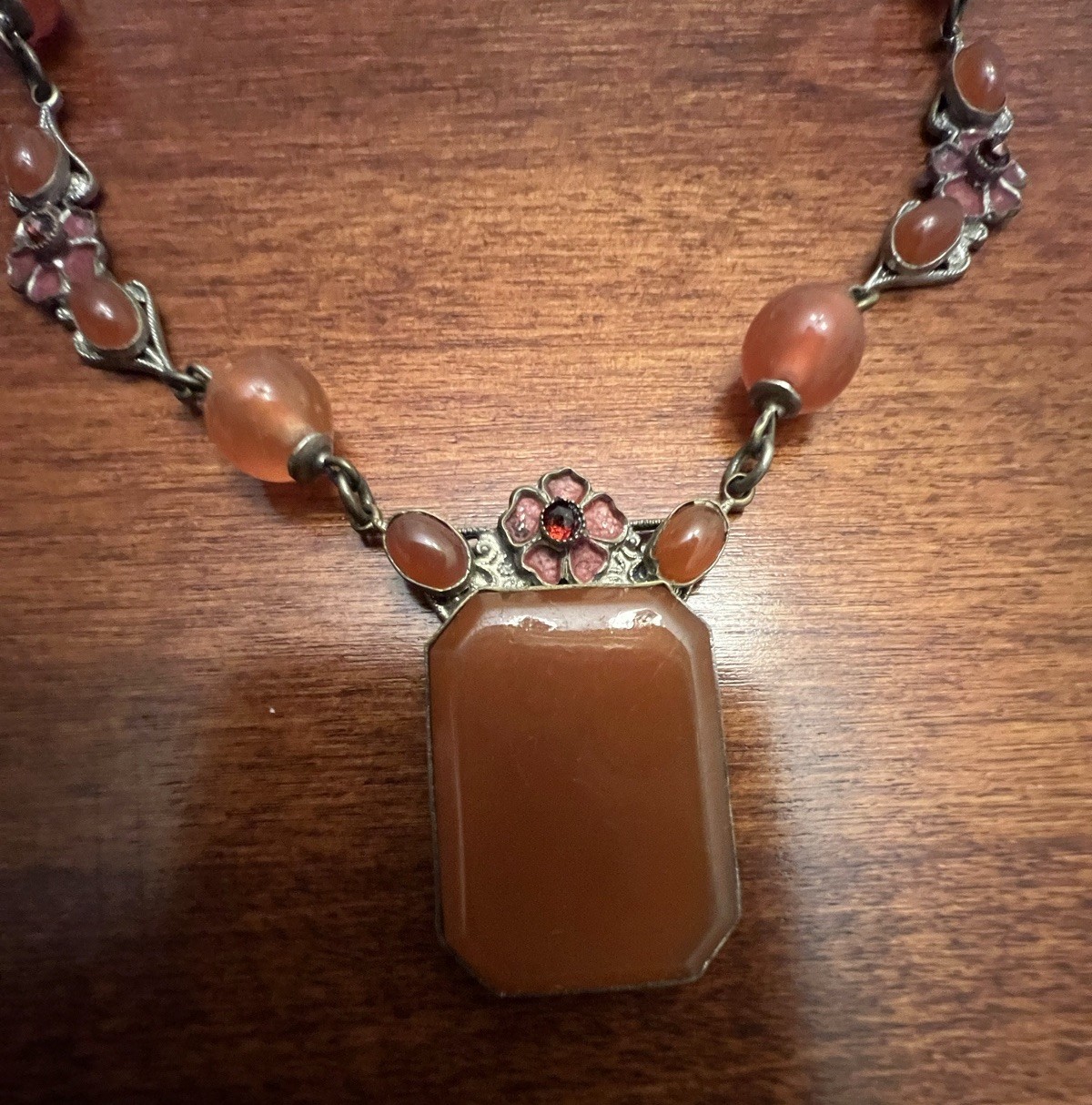Vintage CZECH Faux Carnelian Glass Enamel Floral Station Pendant Necklace Signed