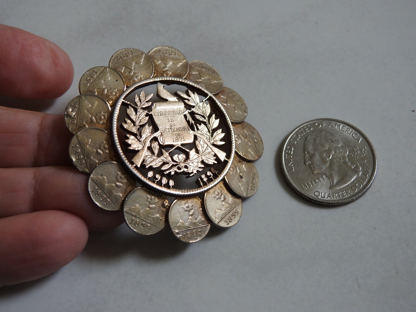 13 antique 1/4 REAL COINS & 1 PESO COIN PIN GUATEMALA silver brooch
