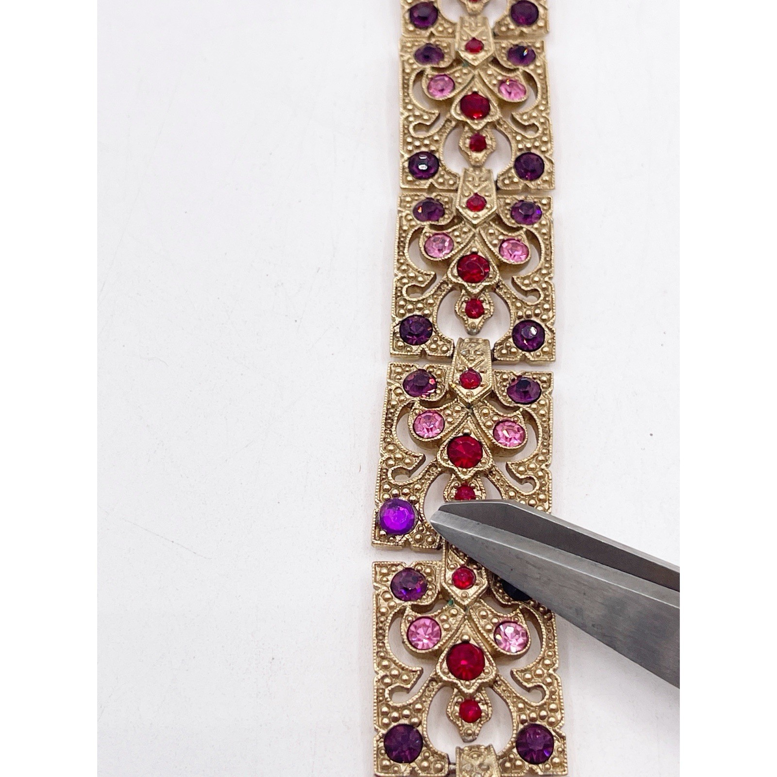 Vintage Gold Tone Panel Bracelet Openwork Filigree Red Purple Pink Rhinestones