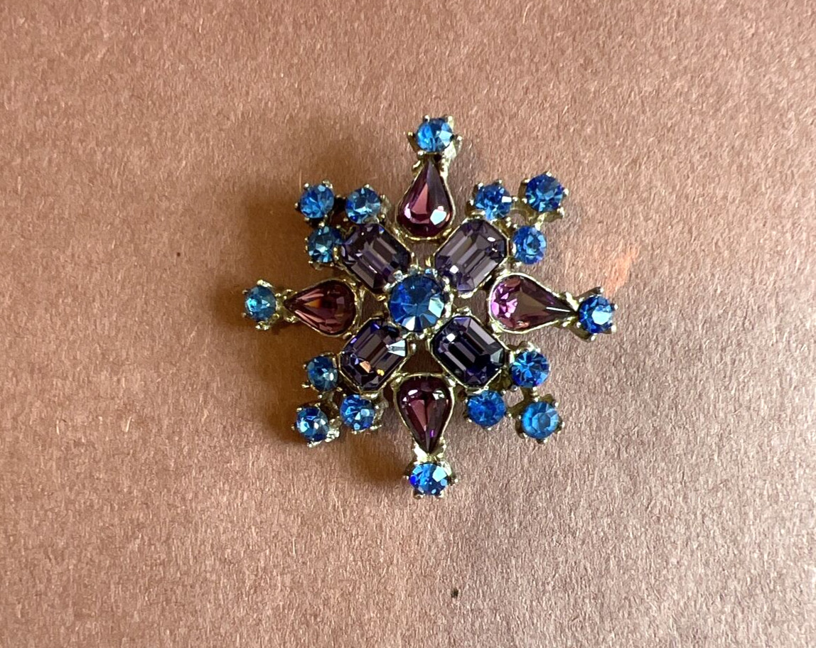 Silver Tone Blue And Purple Rhinestone Starburst Brooch app. 2″ Diameter
