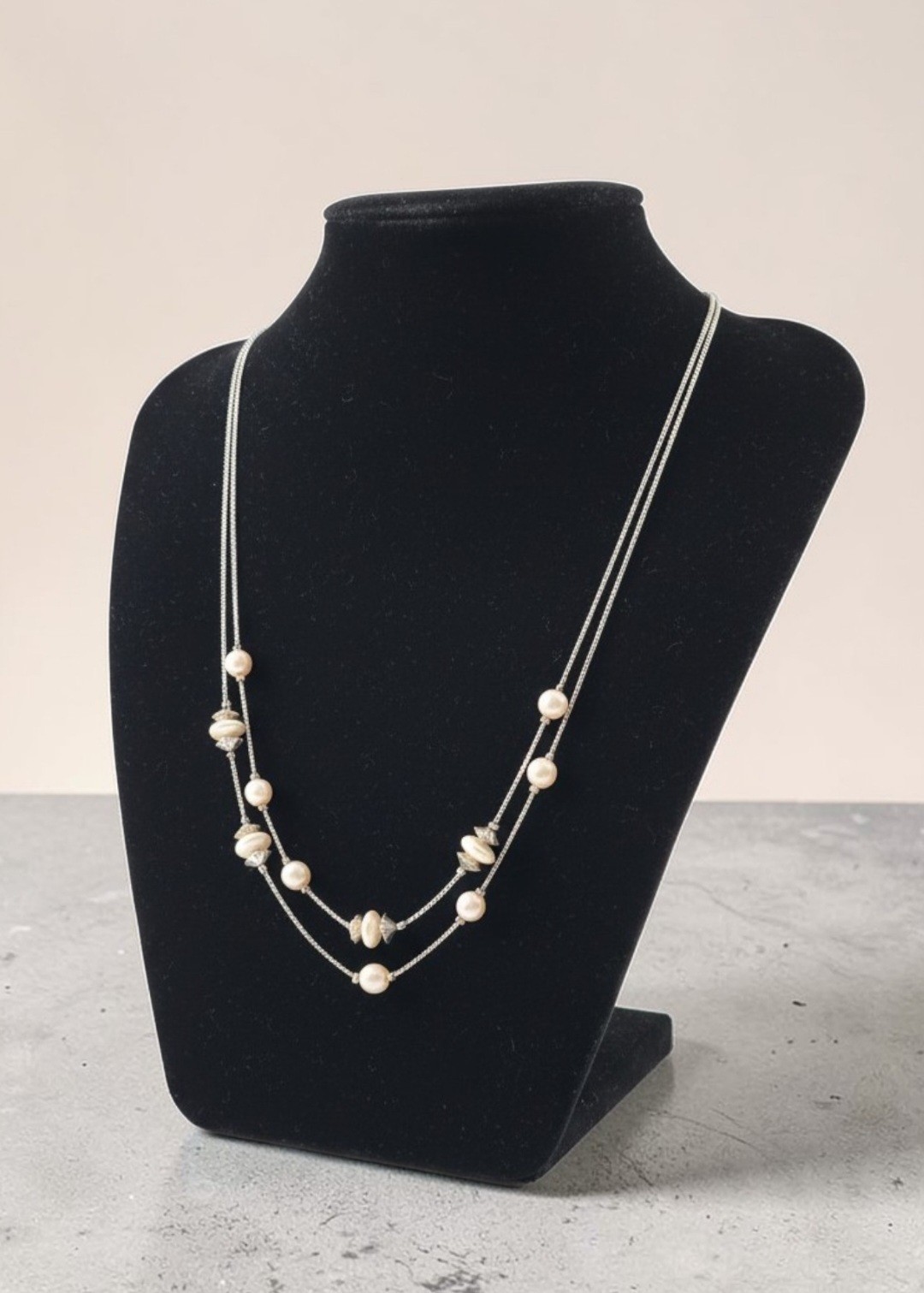 18″ Double Strand Gold-toned Chains W/Light-Colored Beads With Spacers Necklace