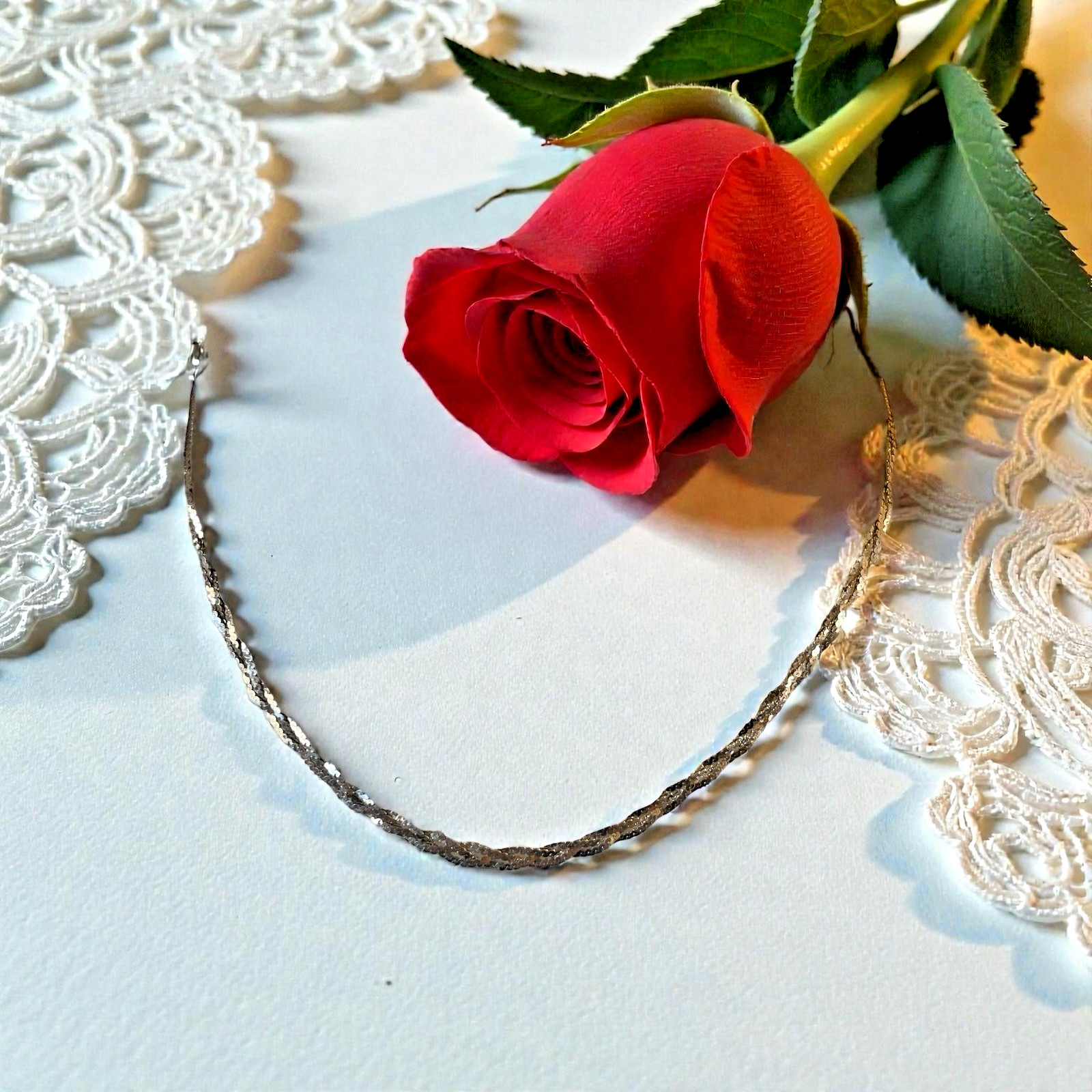 Vintage Italian 925 Sterling Silver Diamond-Flat Braided Chain Necklace, 16″