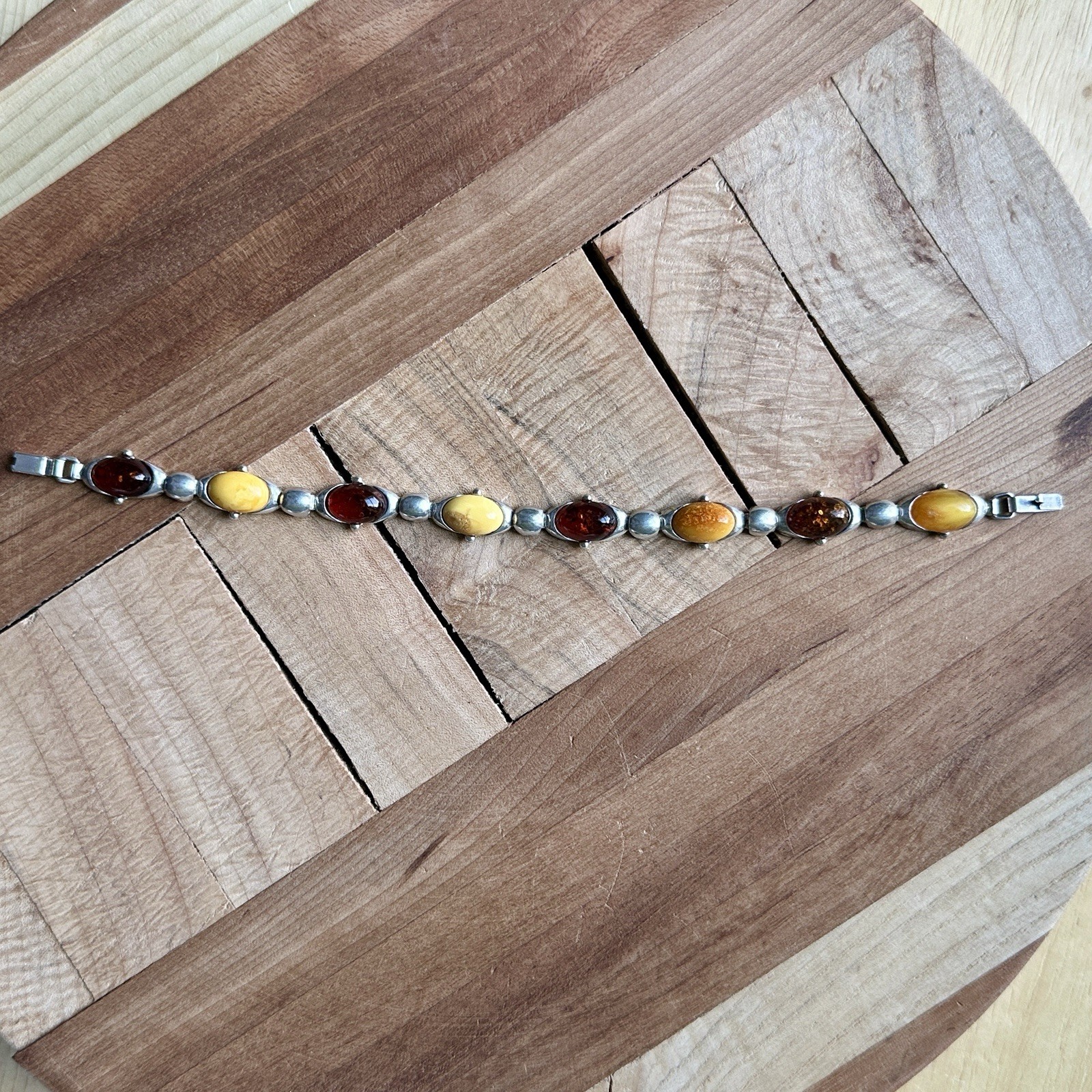 VTG Tennis Link Bracelet 7.25 inches Baltic Amber Egg Yolk 925 Sterling 14.9g
