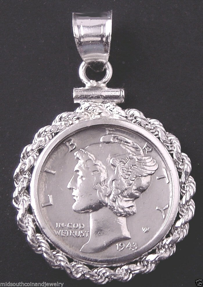 Coin Pendant Silver Vintage Mercury Dime Sterling Silver Rope Bezel with Bail US