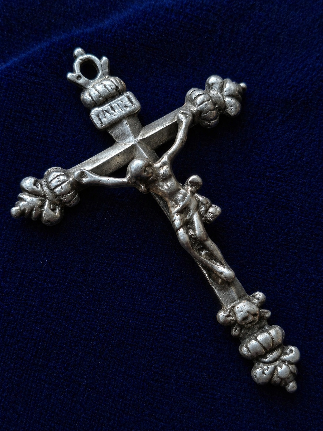 Large Antique Solid Silver Crucifix INRI Skull 18th Century Baroque Rare Religio
