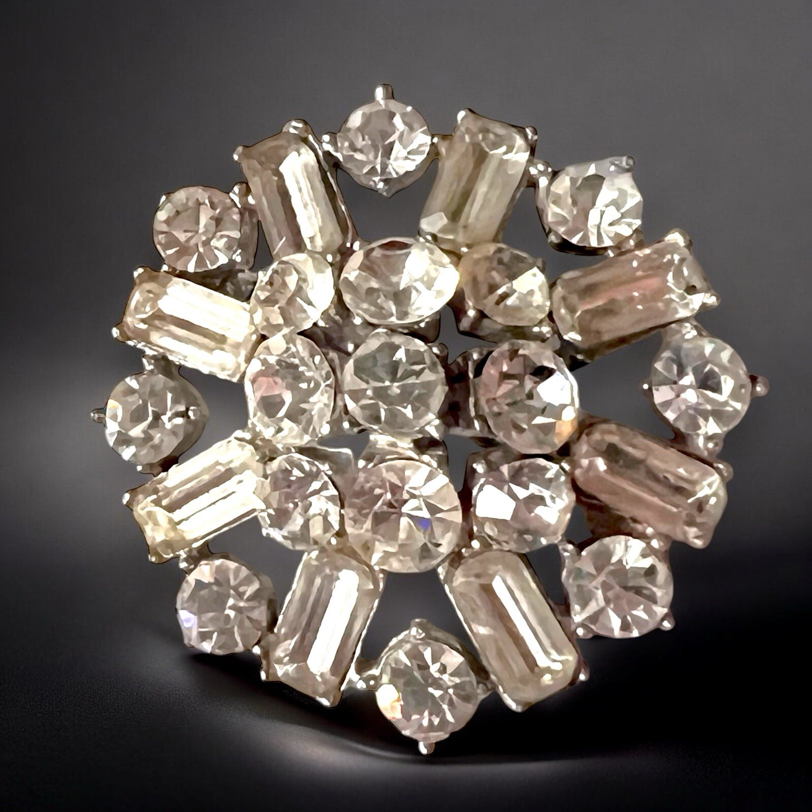 Large Starburst Rhinestone Brooch Vintage Atomic Domed Baguette Pin Vintage