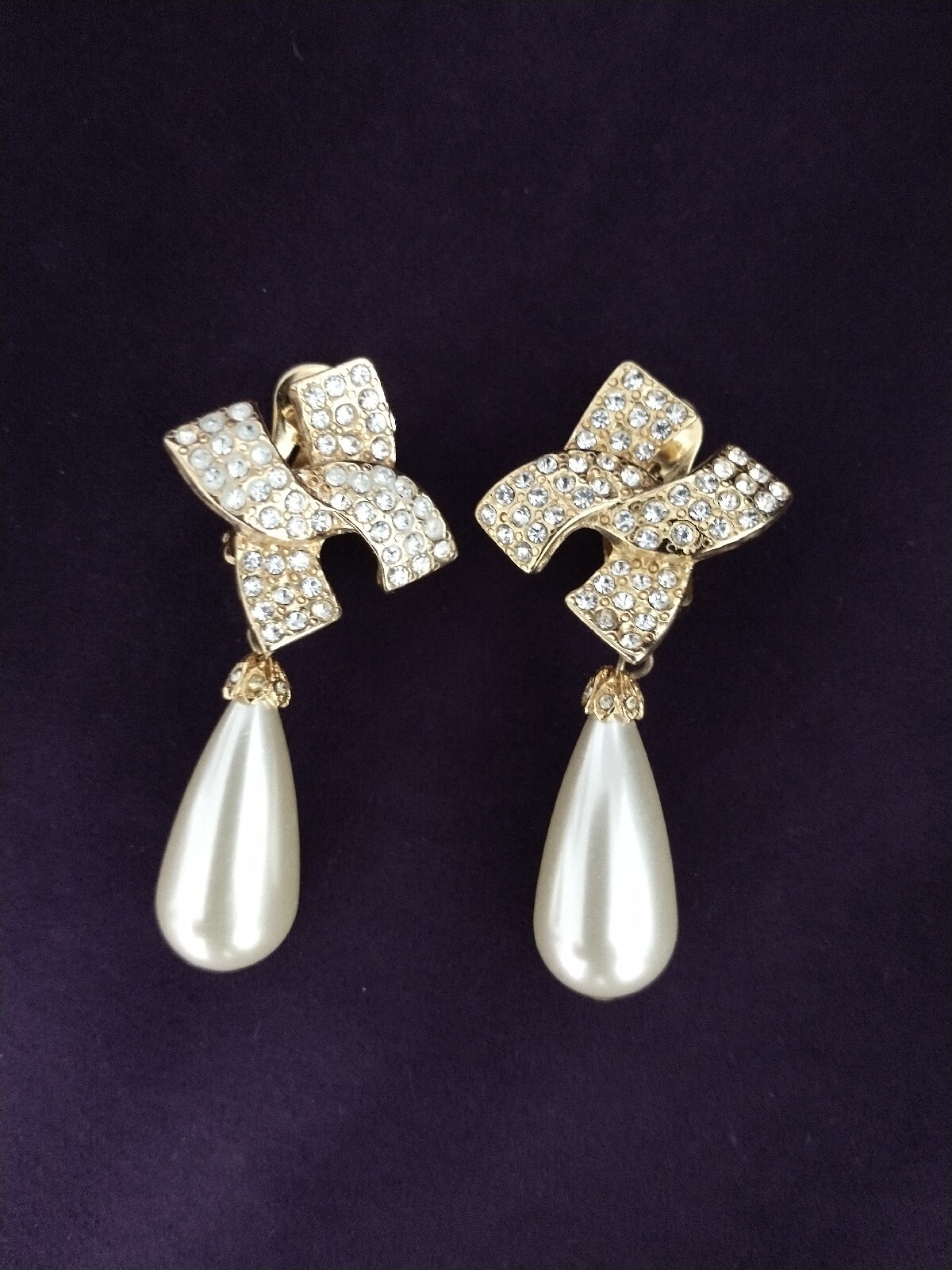 Vintage Kjl Kenneth Lane Faux Pearl Drop With Rhinestones Clip Earrings Signed