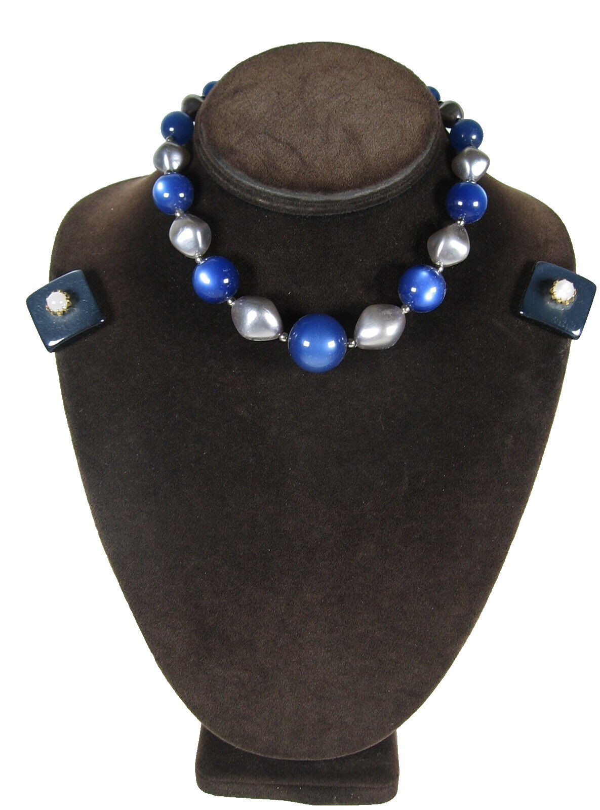 Vintage BLUE & SILVERtone Beads Thermoset BEADED NECKLACE + EARRINGS Clip On