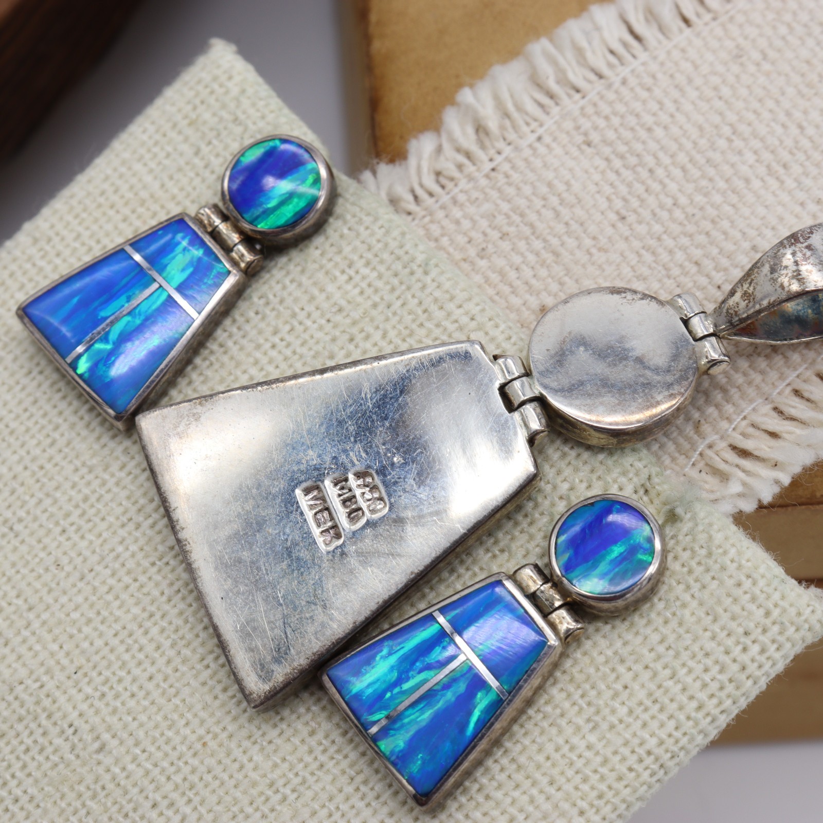 Vtg Sterling Silver 950 Mexico Blue Green Fire Opal Pendant Earrings Set Inlay
