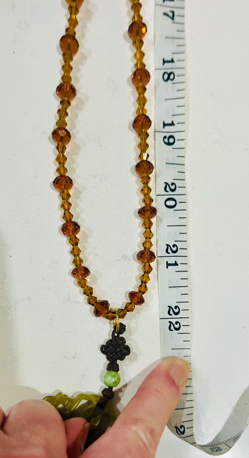 Vintage MCM Jade Pendant Necklace With Amber Glass Beads & Silk Tassel, STUNNING