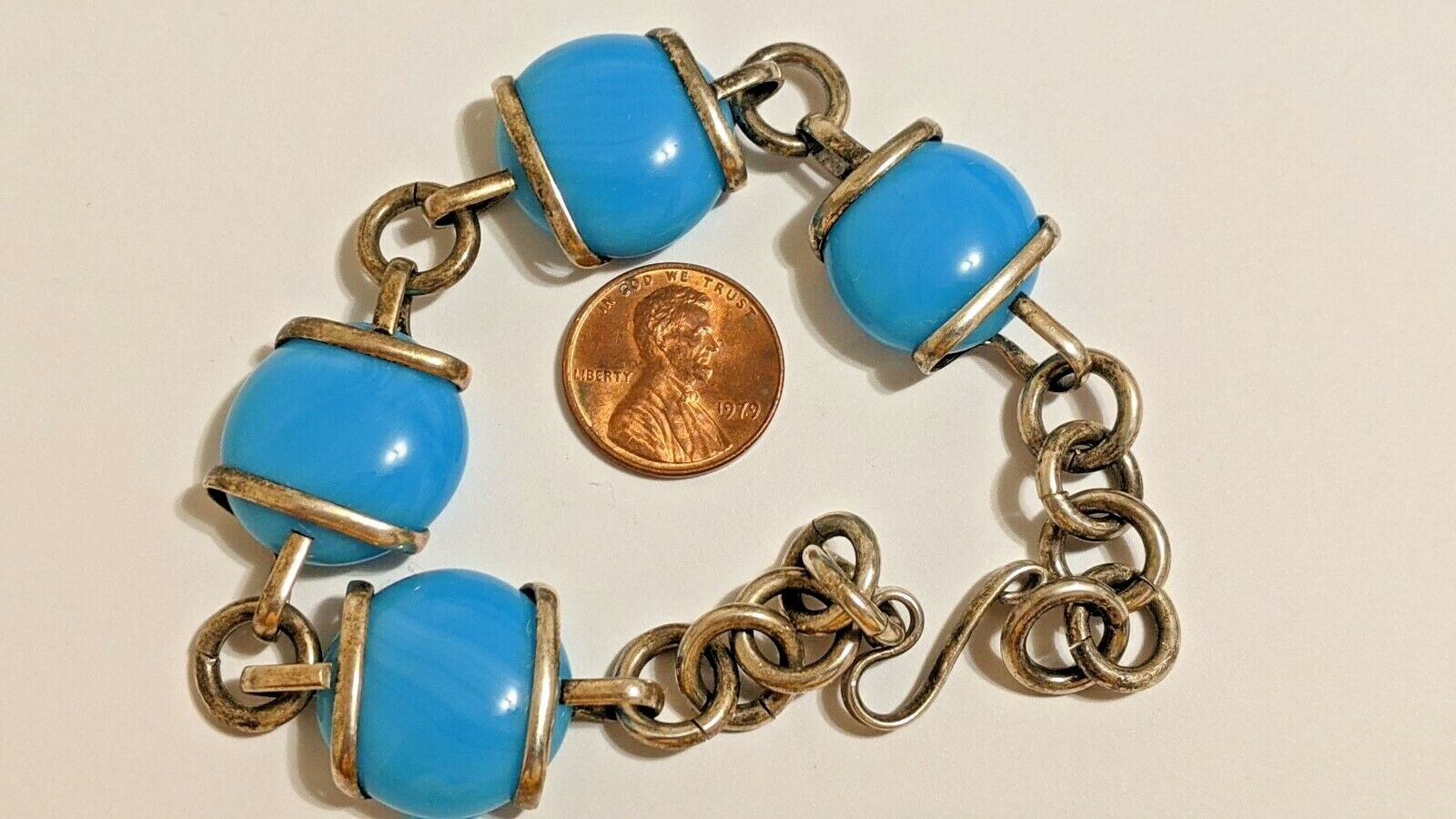 VINTAGE STERLING SILVER MEXICO BRACELET BLUE STONES ABOUT 8 3/4″ SIGNED MEX 925