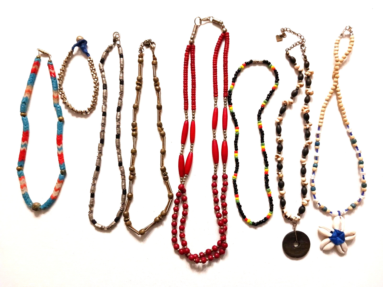 Metal beads and other shell + stone odd beads. Vintage necklaces. Lot of 8