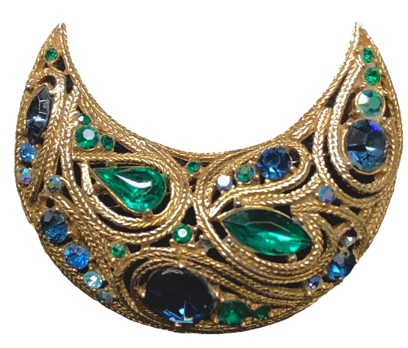 Vintage La Roco Filigree CRESCENT Brooch Jeweled 1950’s Made in USA