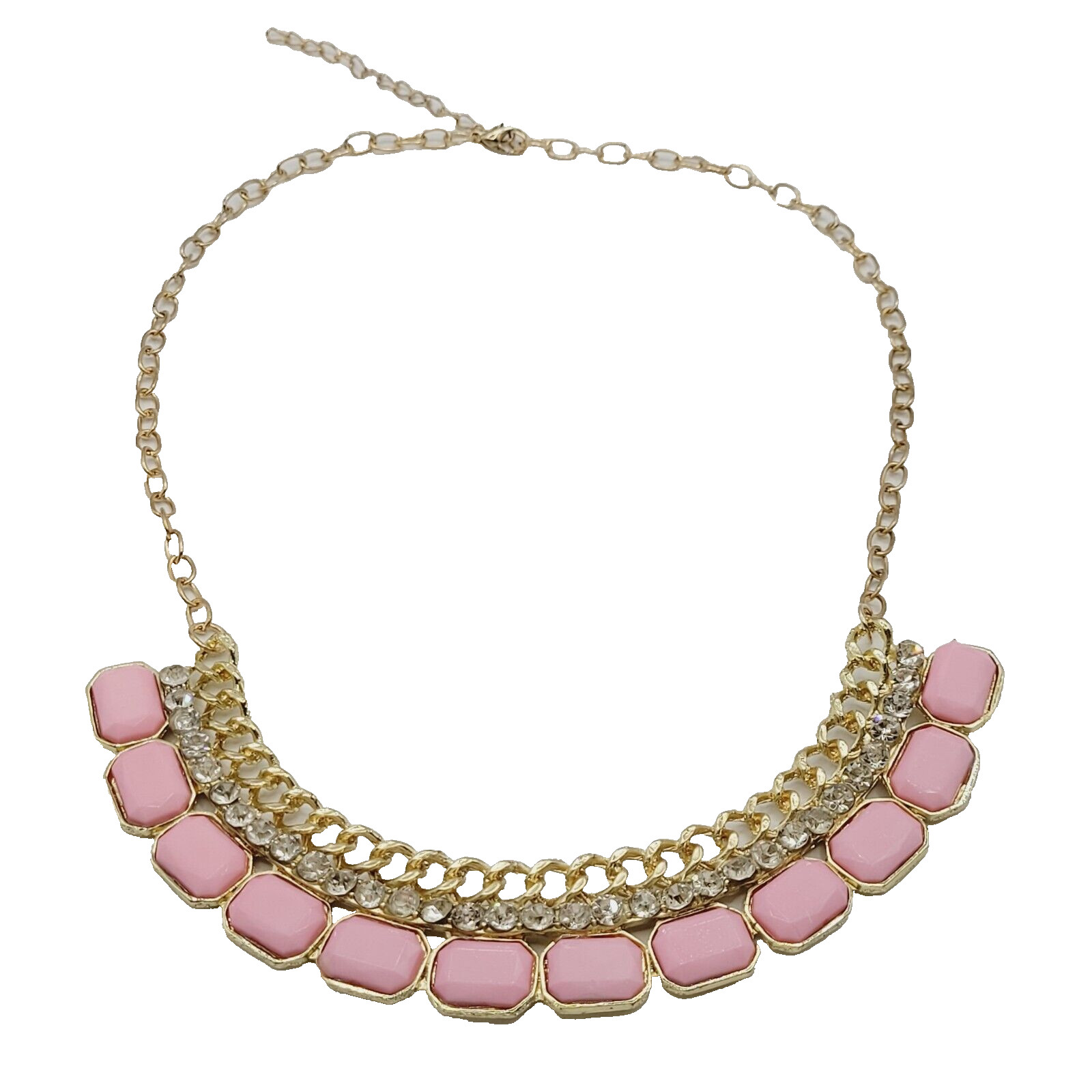 Fancy Rhinestone & Pink Acrylic with Milkglass Style Vintage Gold Tone Necklace