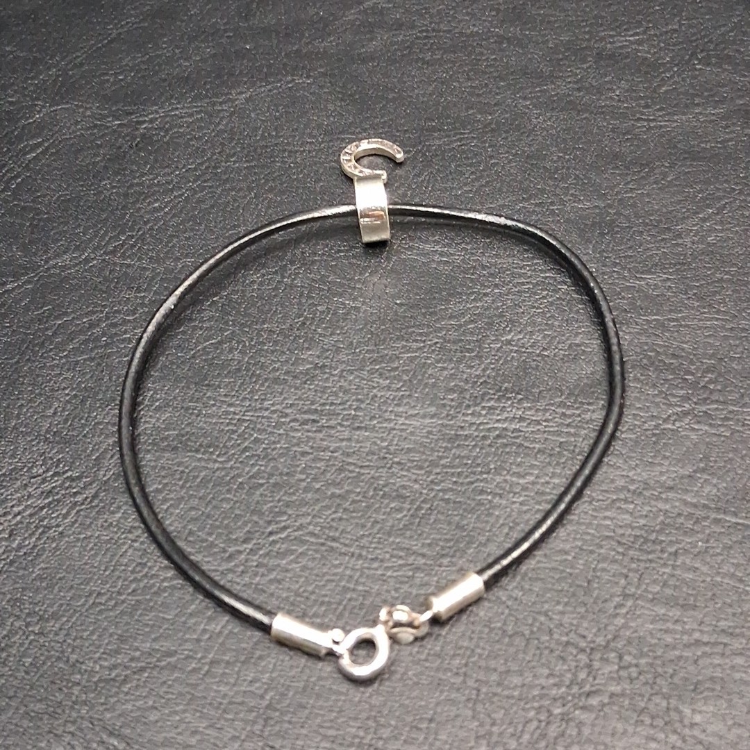STERLING SILVER Blac Leather Cord Bracelet Whit Lucky Horseshoe Charm. 17.356