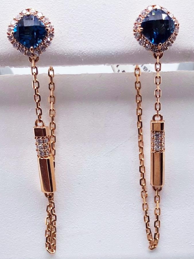 1.89CT DIAMOND & AAA LONDON BLUE TOPAZ 18K ROSE GOLD 3D SQUARE HANGING EARRINGS