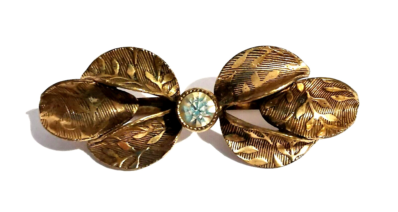 Vintage Czech Pin Brooch Floral Ornated Leafs Gilded Brass Colorless Rhinestone