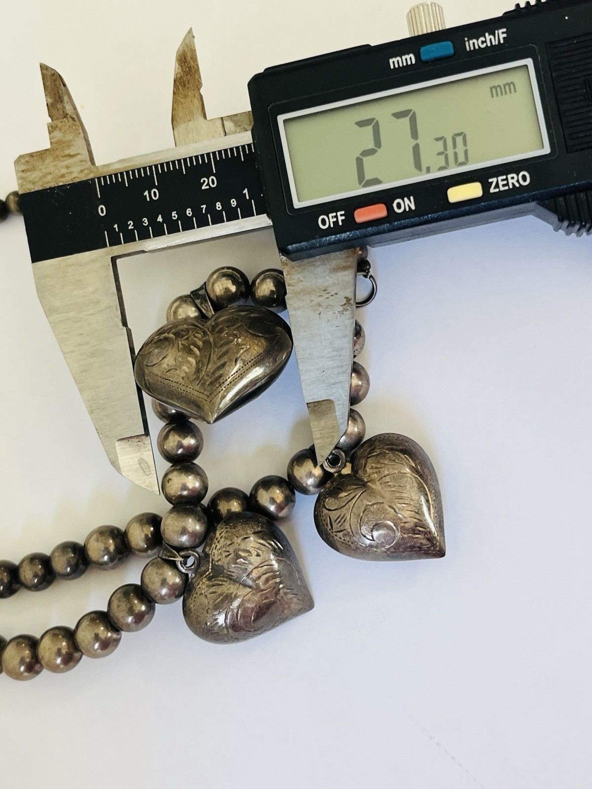 Vintage Sterling Silver Heart Charms Pendant 8MM Ball Bead Necklace 41-Grams