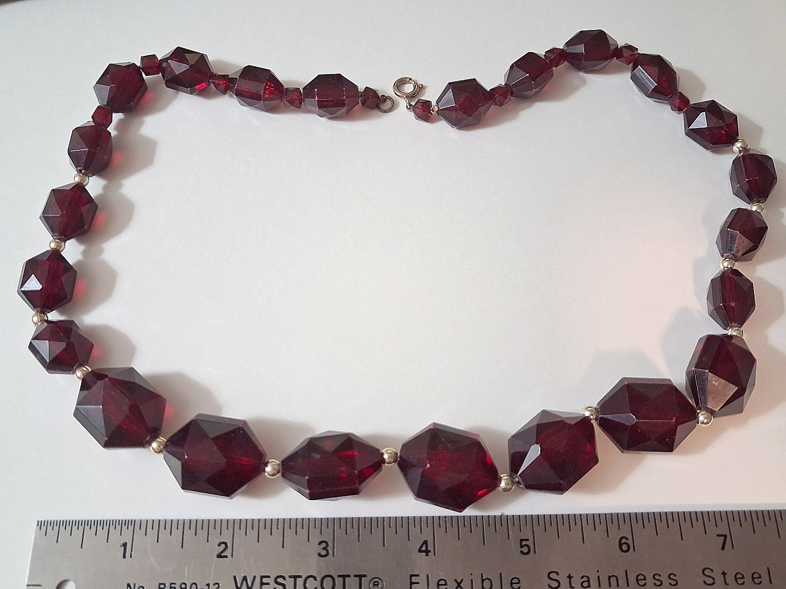 Vintage Ruby Red Plastic Faceted Graduated Bead Necklace 24 inch