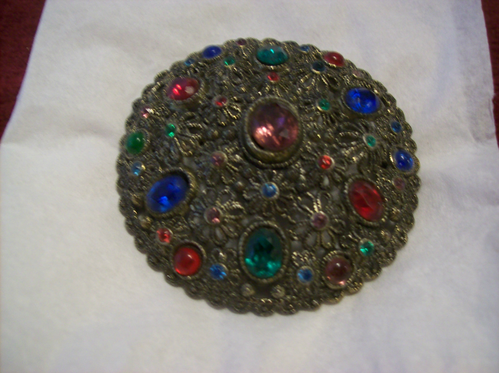 Brooch Antique New England Glass Works Filigree Large Multi-Color Rhinestones