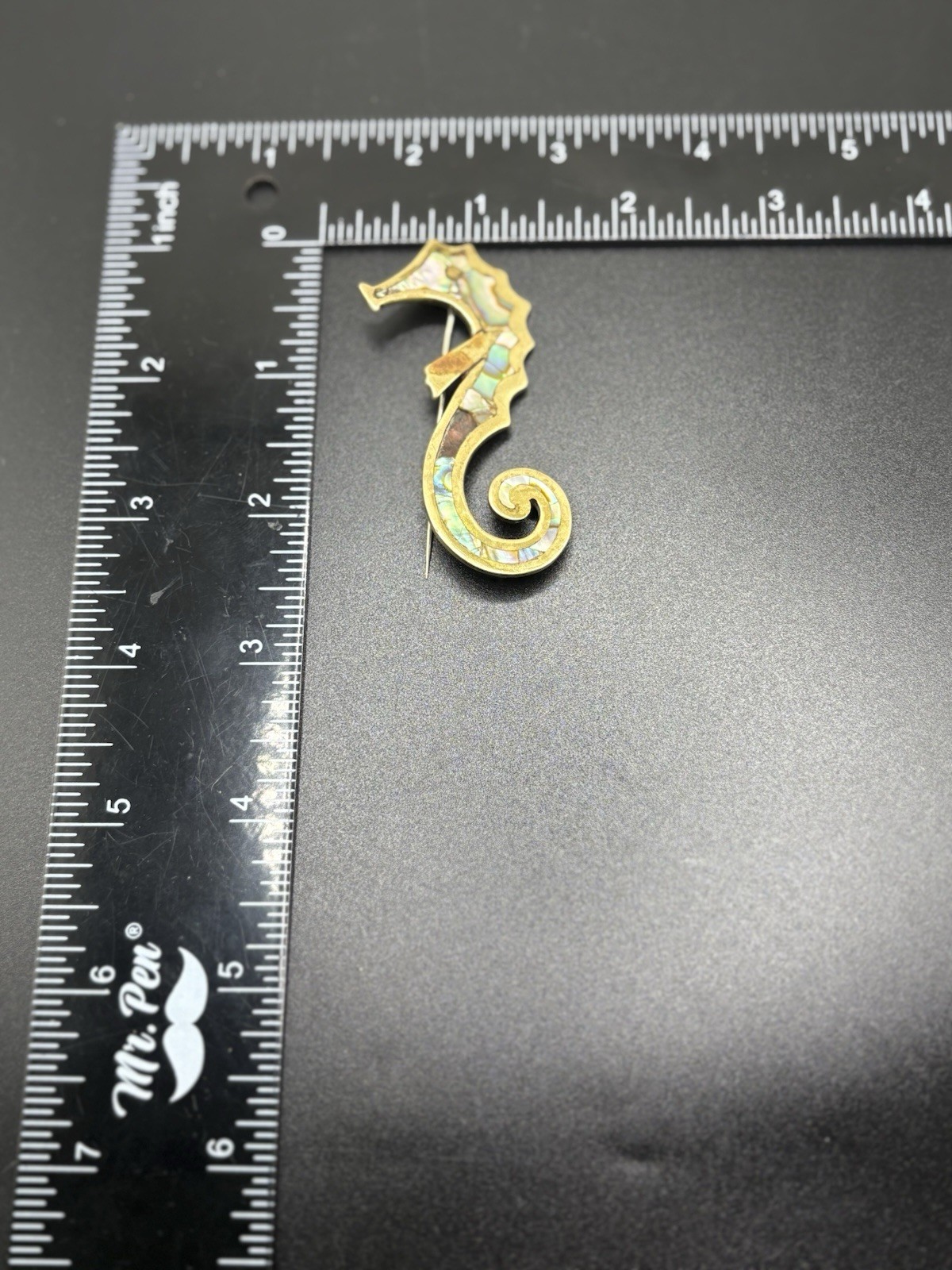 Vintage Los Castillo Taxco Brooch Seahorse Pin Inlay MOP Brass Signed 3” Read