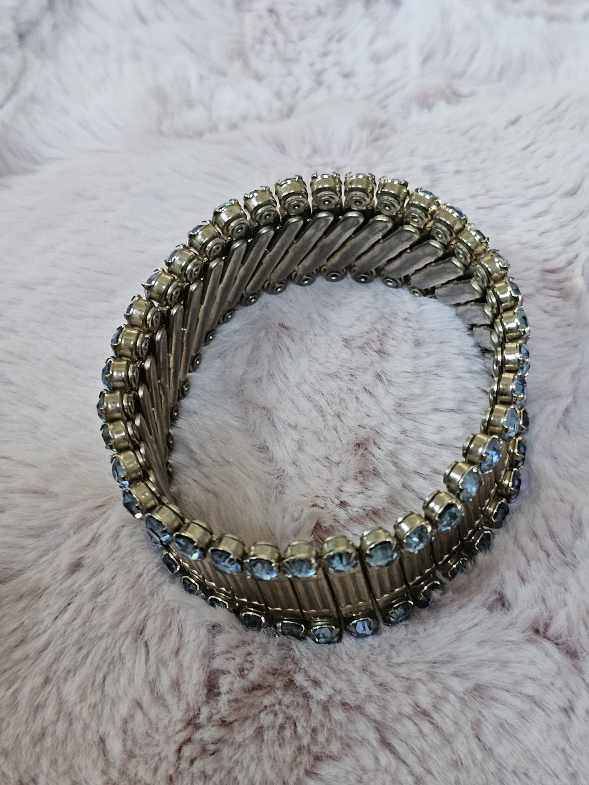 Vintage 1950s Harwood Signed Goldtone Blue Rhinestone Expanding Bracelet
