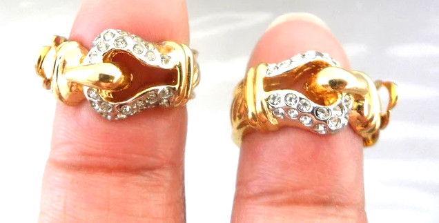 Buckle Earrings Clip On Half Hoops Gold Tn Rhinestones Unsigned ESPO Dead Stock