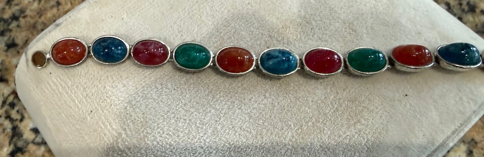 Vintage Scarab Bracelet Multicolor Silver Tone Magnetic Close 7”