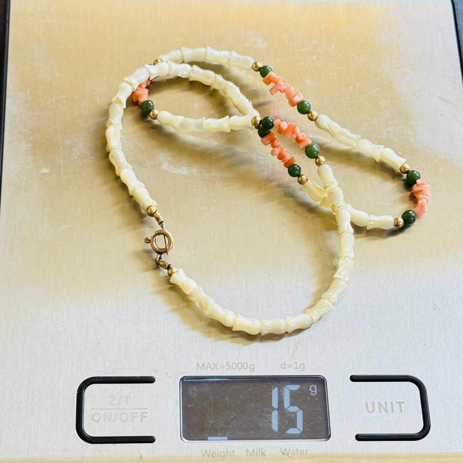 VTG Floral Coral Necklace Mother Of Pearl Jade Genuine Beads Carved Gold Filled