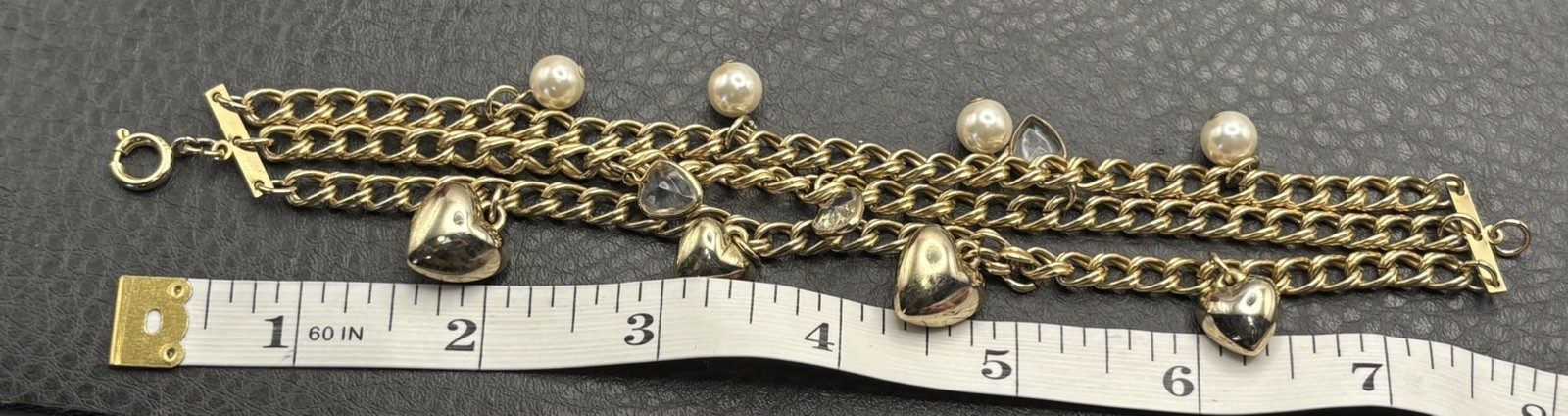 Puffy Heart Faux Pearl Station 3 Chain Link Charm Bracelet Spring Ring Closure
