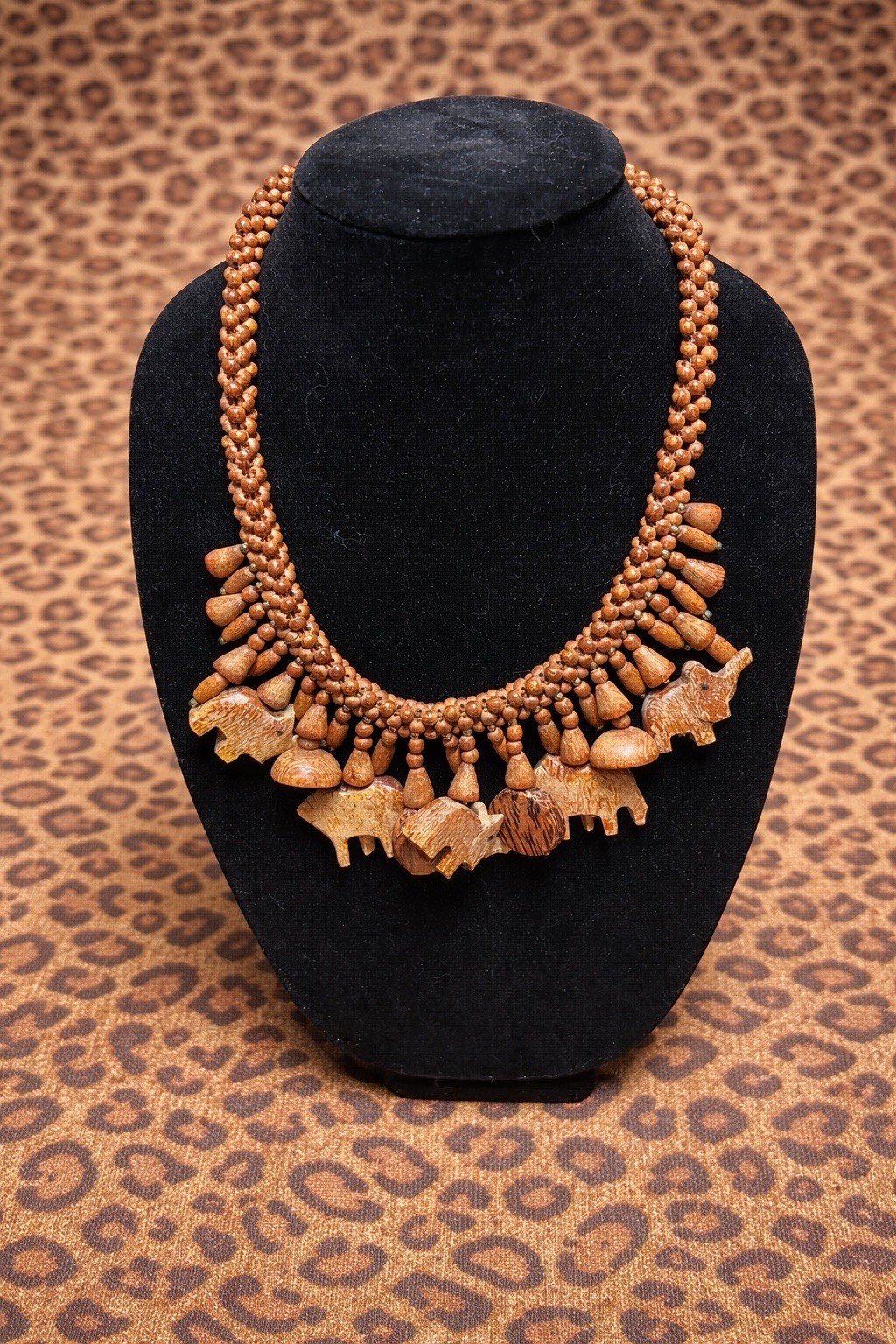Vintage 1960s Barrel Clasp Hand Carved Wooden Animal Necklace Safari Figural