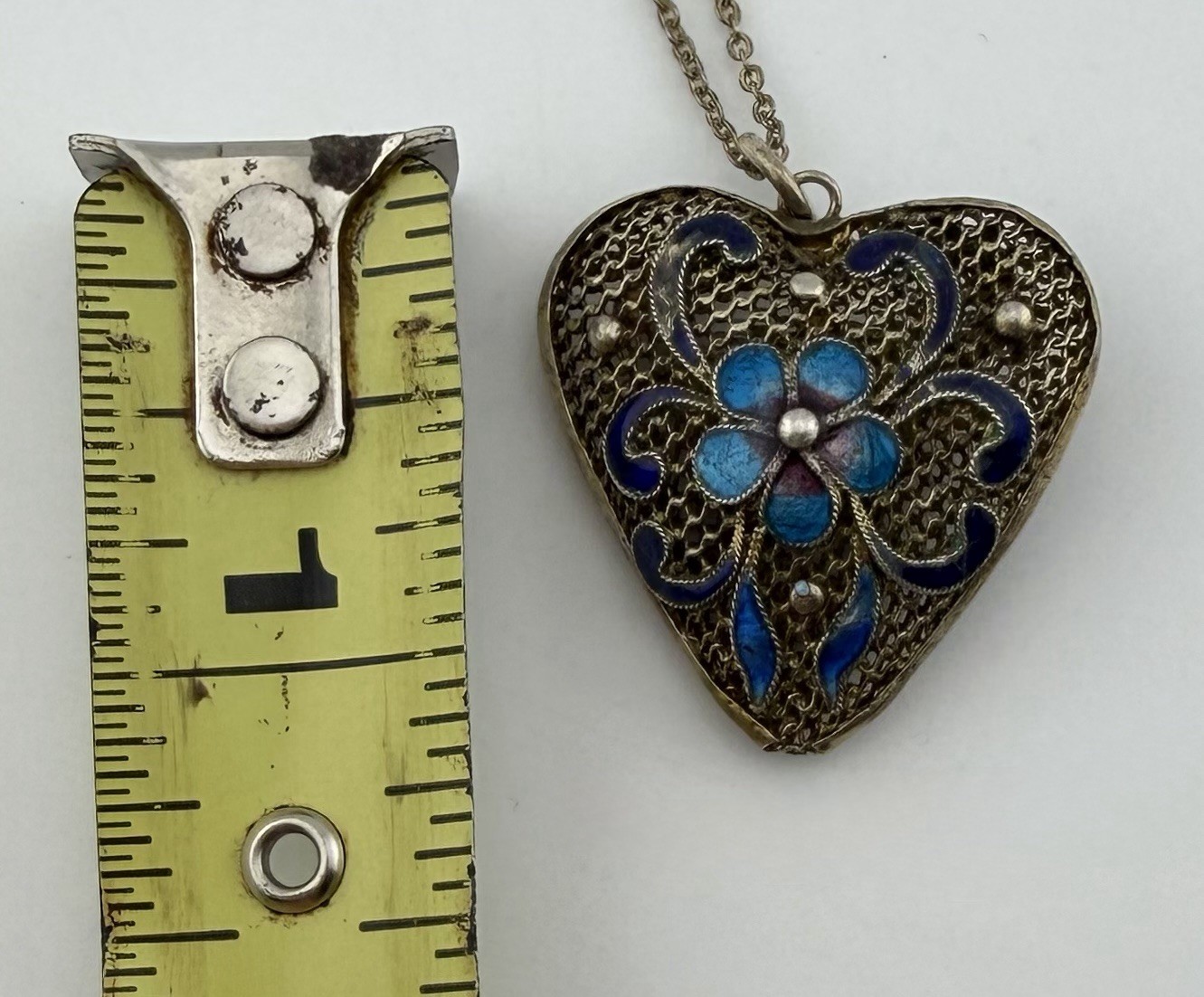 Cloisonne Filigree Enamel Floral Motif Blue Puffy Heart Pendant About 1” Vintage