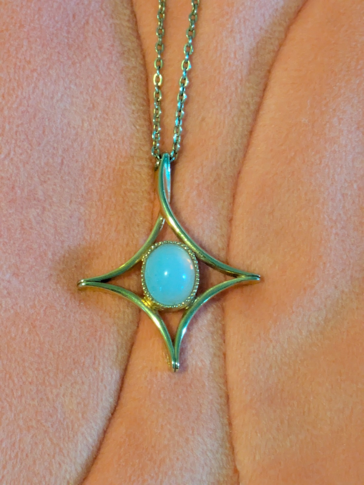 Vintage Sarah Coventry Moon Beam Star Cross Gold-tone Necklace Faux Opal Pendant