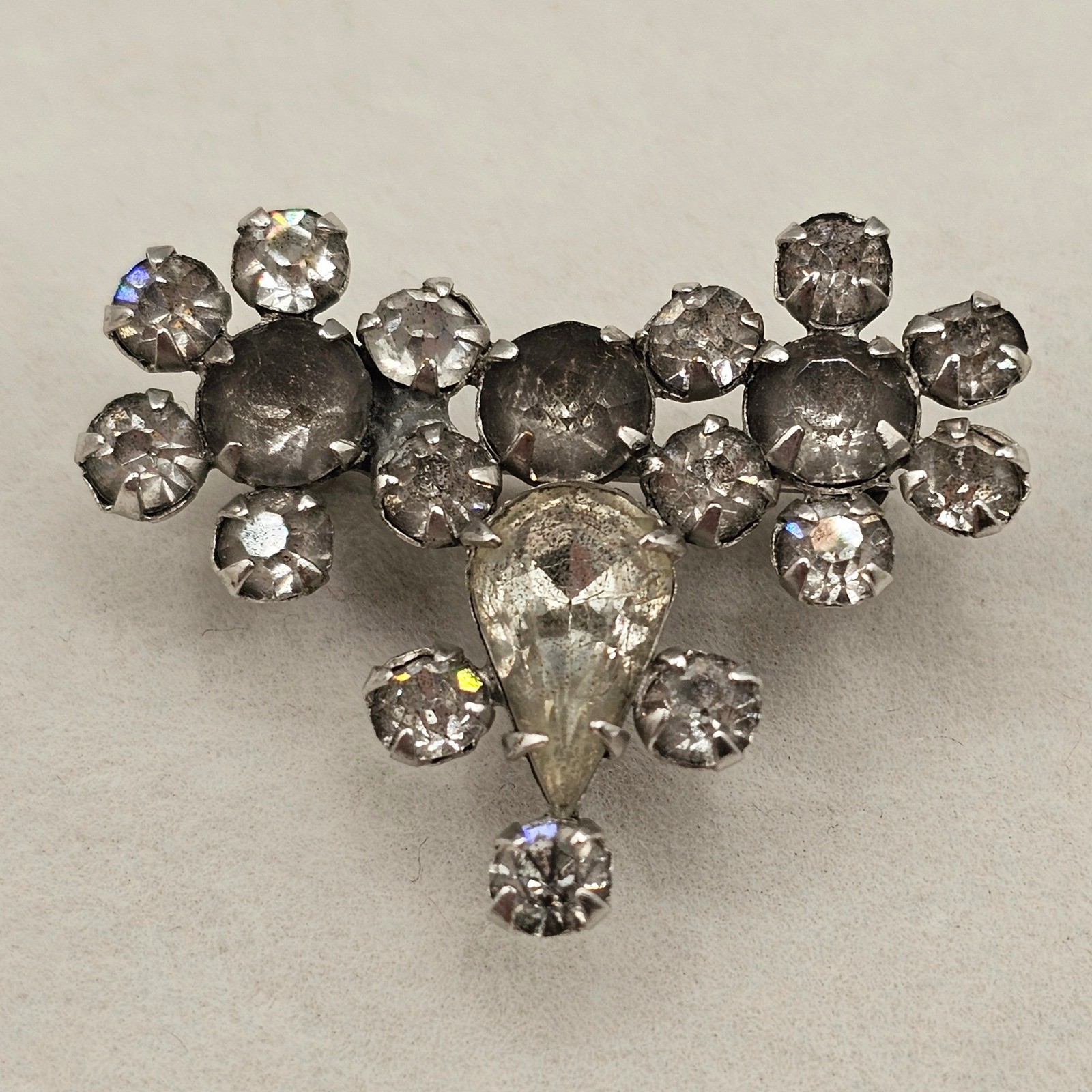 Vtg Rhinestone Brooch Pendant Clear Glass Silver Tone Floral Cluster Pin 1.5″