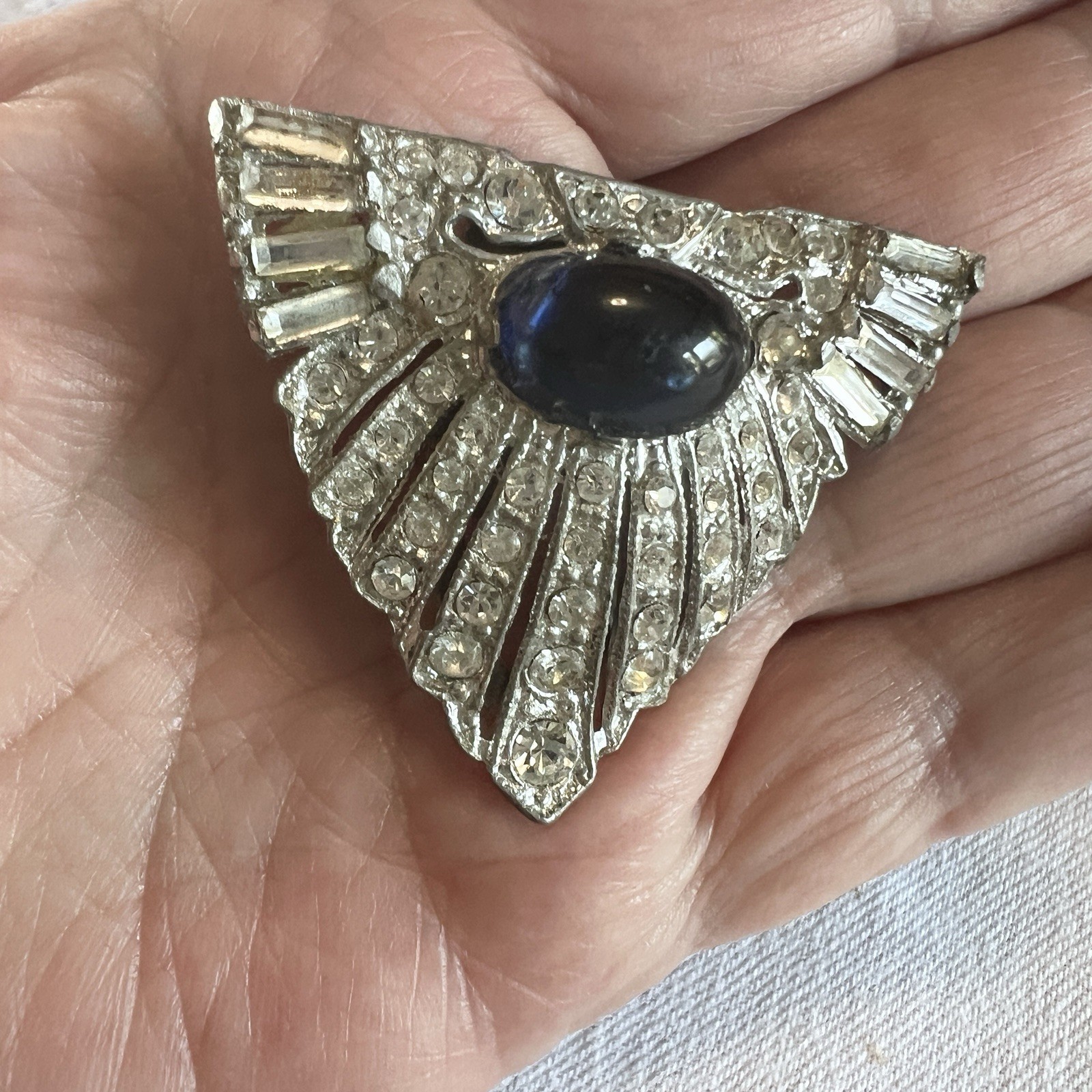 SINGLE DRESS CLIP Sapphire Blue Cabochon Rhinestones Vintage 1930s 1.5 X 2”
