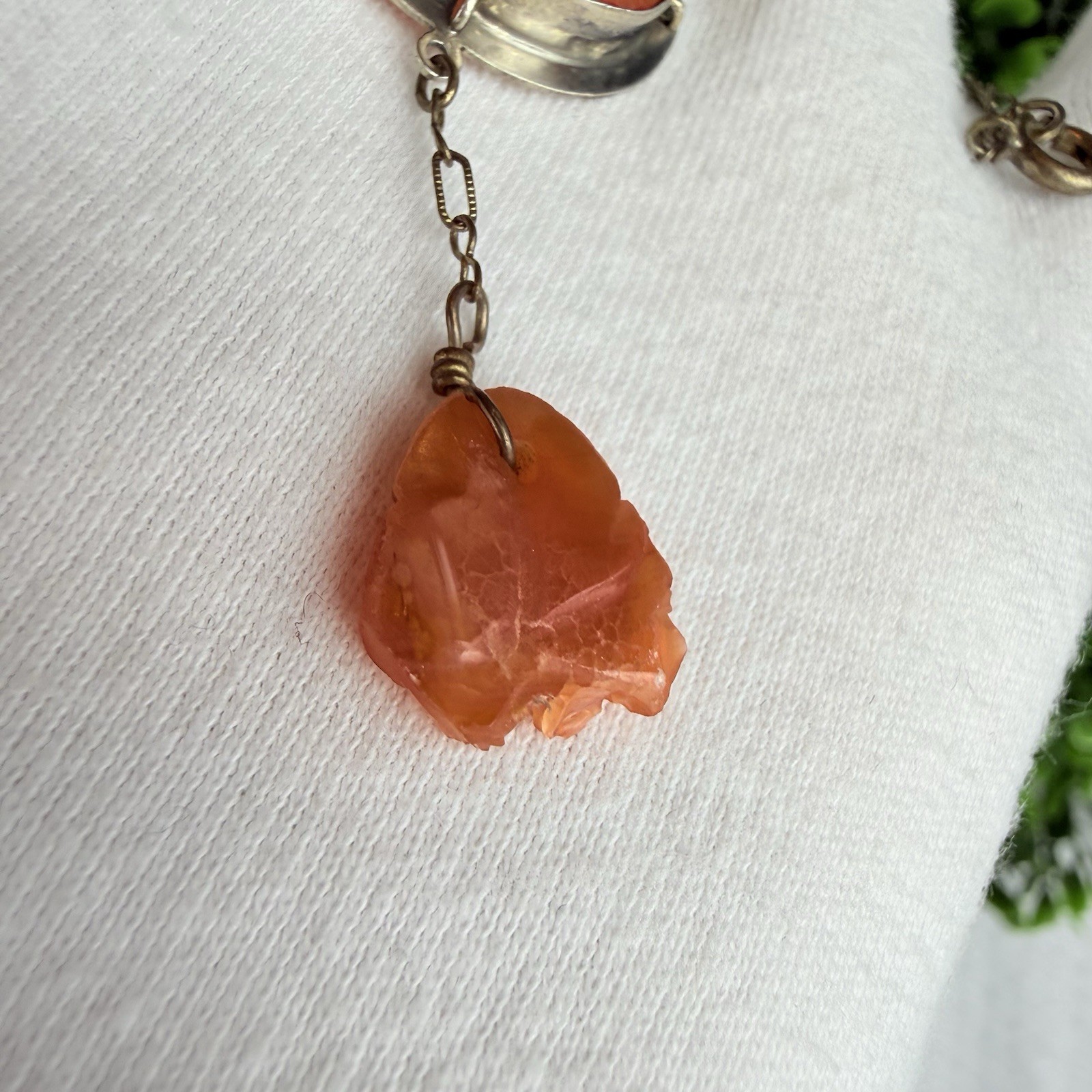 Antique Vintage Carved Carnelian Silver Pendant Necklace Art Deco