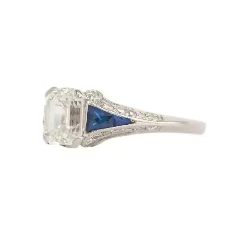 Art Deco Emerald Cut Lab Created Diamond Engagement Ring 14K White Gold FN