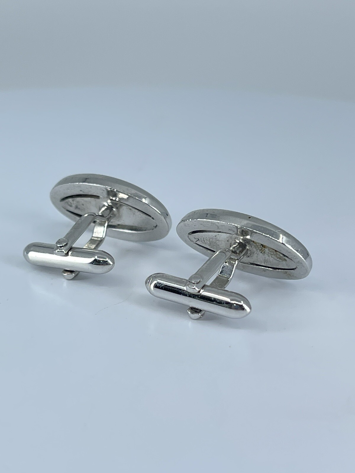 Vintage Swank hematite cufflinks long oval open silver tone design 3/4″
