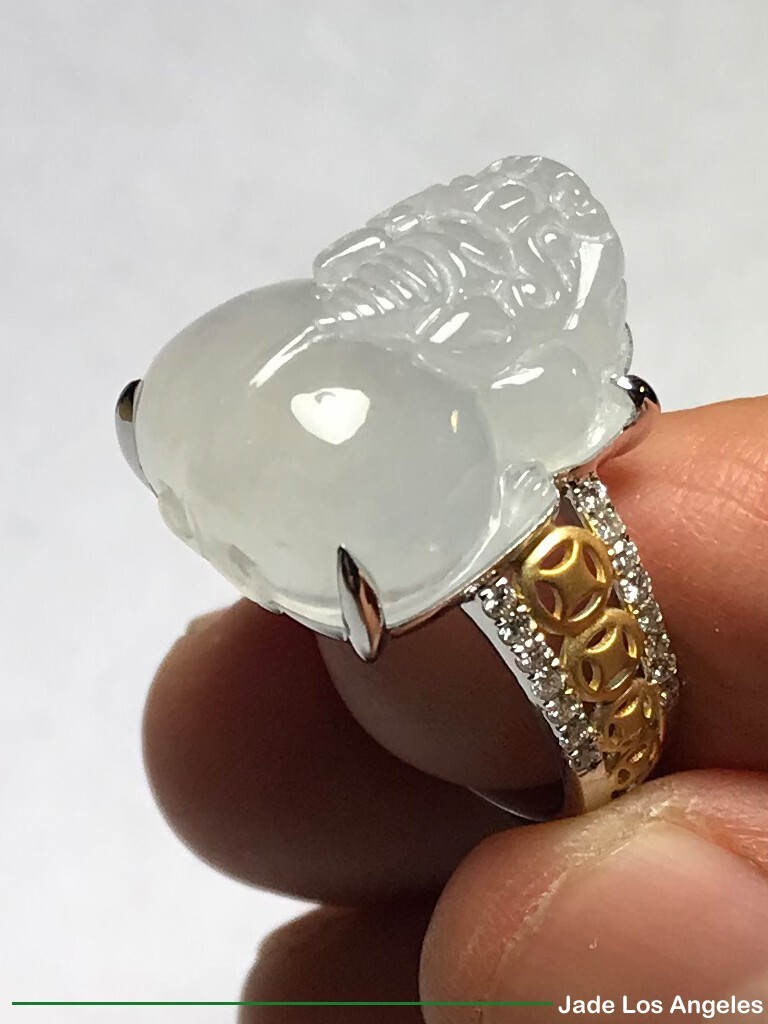 Pi Xiu Pixiu Icy Jadeite Jade 18K White/Rose Gold Diamond Ring 45ct Size:7.5
