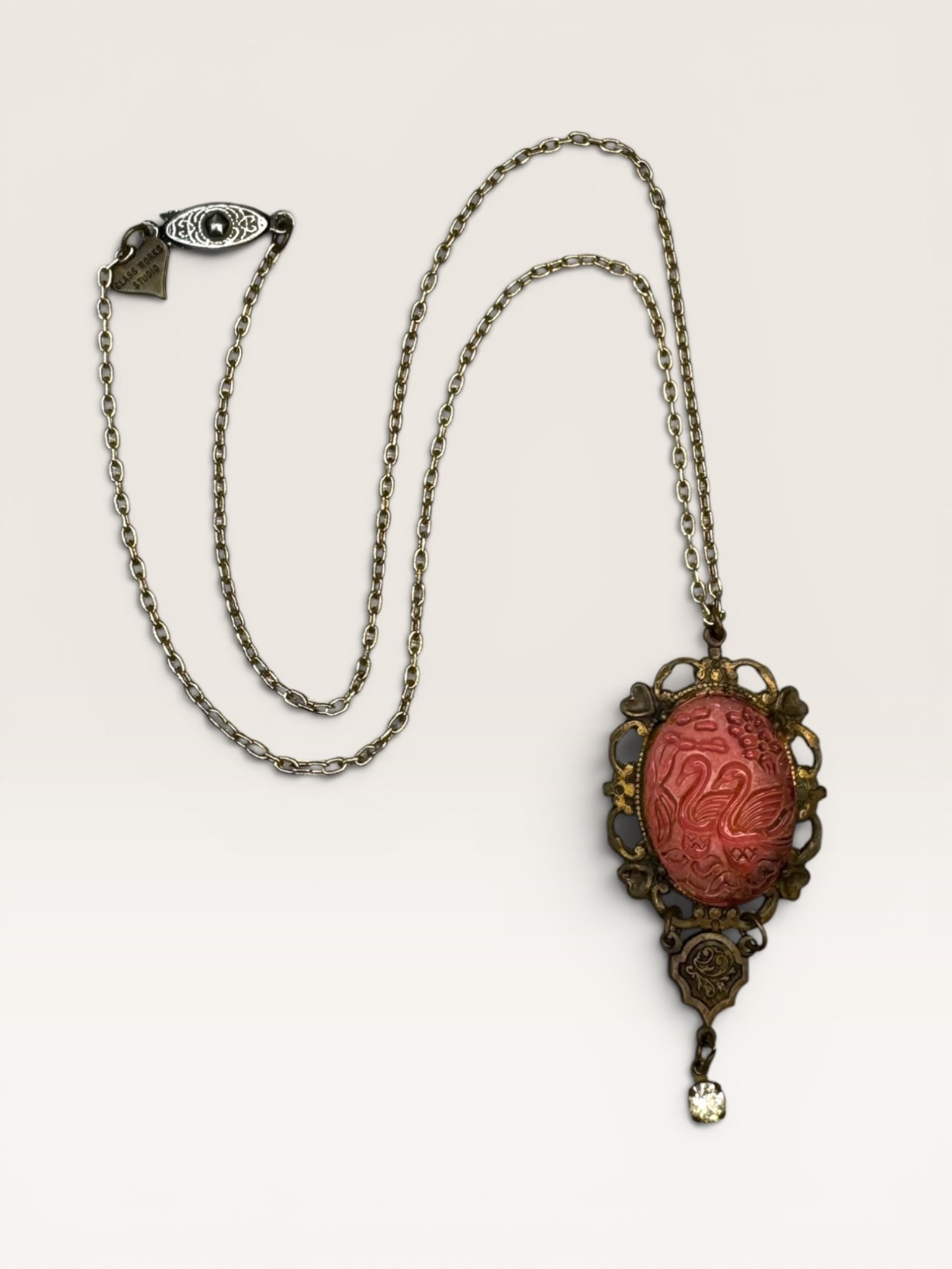 Glass Works Studio Red Swan Pendant Necklace Vintage Gold Brass 1980s