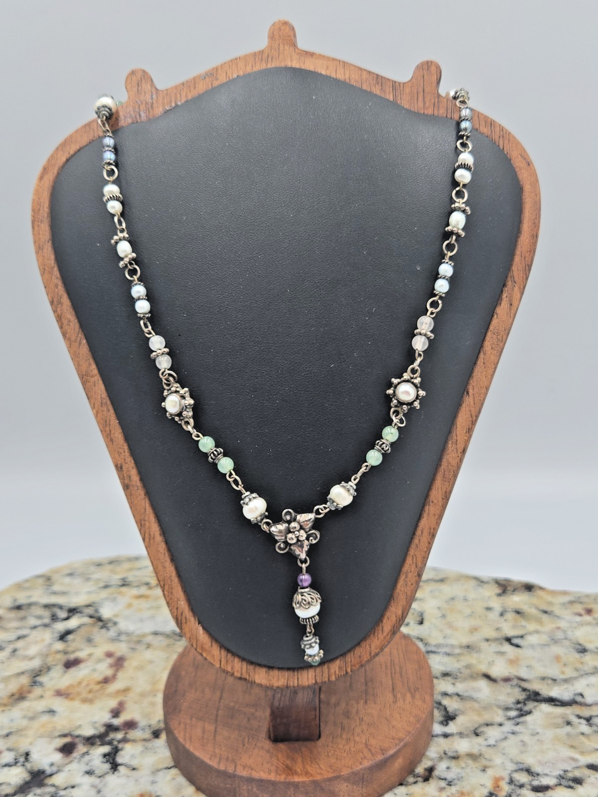 Vintage Artisan Sterling Pearl & Gemstone Drop Necklace Boho Floral .925